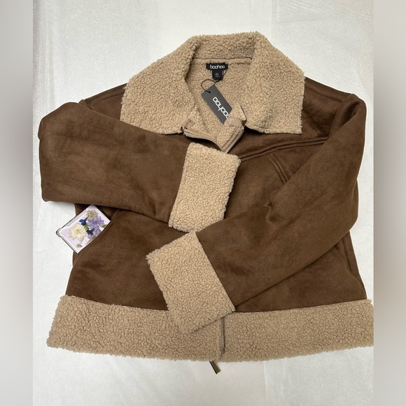 NWT; Boohoo SUEDETTE BORG TRIM AVIATOR JACKET🌟 - Picture 3 of 9